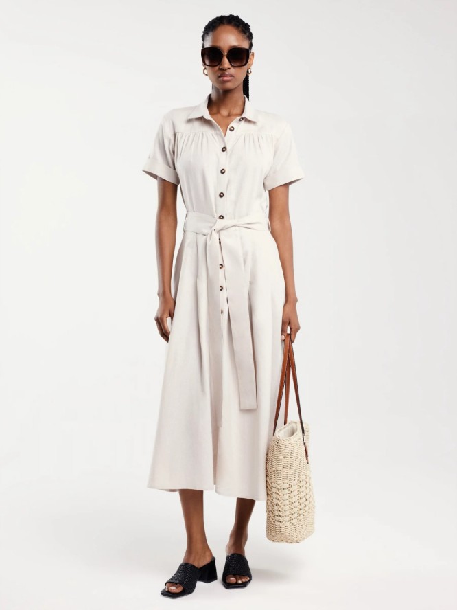 Sukienka damska midi lniana z wiązaniem w pasie beżowa Okire 800