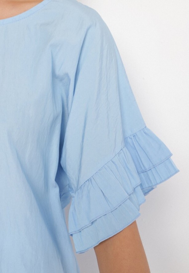 Jasnoniebieska Bluzka z Wiskozą Typu Nietoperz z Falbankami Davienna