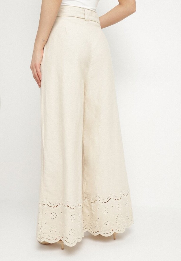 Beżowe Spodnie Szerokie z Bawełny Ozdobione Haftem z Paskiem Ulsemi