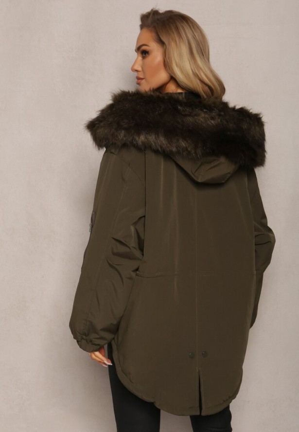 Ciemnozielona Kurtka Parka Oversize z Futerkiem Horelle