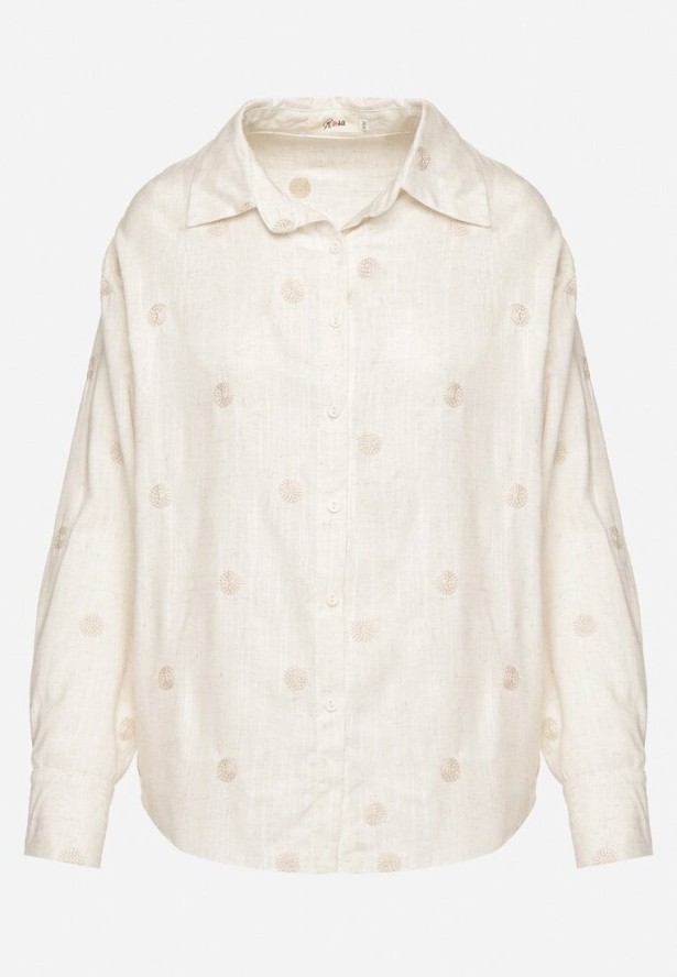 Beżowa Koszula z Wiskozą i Lnem Ozdobiona Haftem Lisarena
