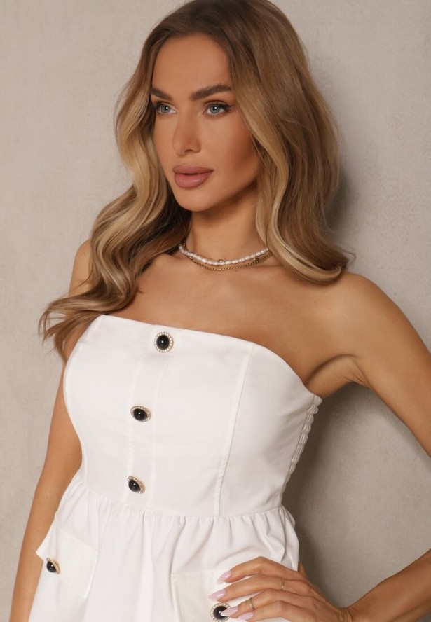 Biały Komplet Top Bandeau z Baskinką i Spodnie o Kroju Flare Vilkio