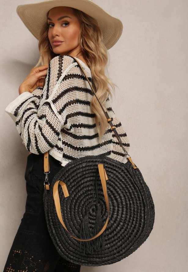 Czarna Pleciona Okrągła Torebka Shopperka z Długimi Rączkami i Paskiem Acelema
