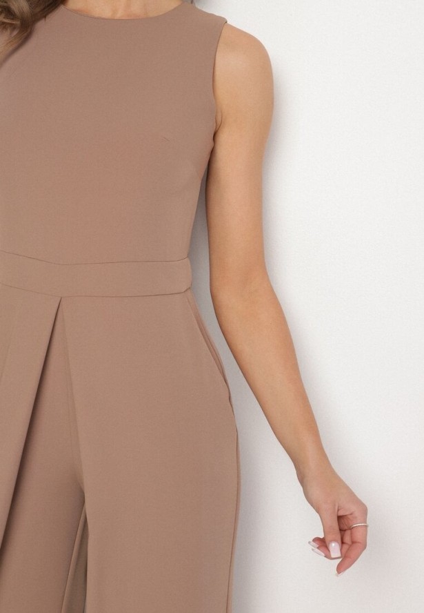 Ciemnobeżowy Kombinezon Bez Rękawów z Szerokimi Nogawkami i Kieszeniami Veleldia