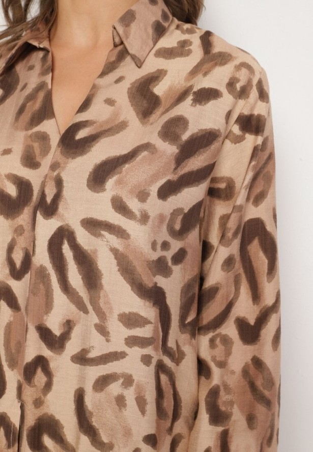 Brązowy Panterkowy Komplet z Wiskozą Koszula z Dłuższym Tyłem i Szerokie Spodnie Evaln