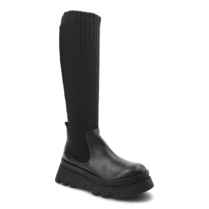 Kozaki damskie Artiker, wysoka elastyczna cholewka z dzianiny dolna część ze skóry wsuwana konstrukcja, black, 49C0850