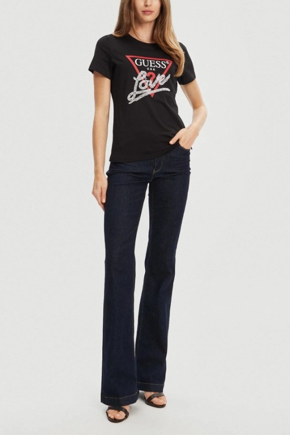 GUESS Czarny damski t-shirt Pearls Love, Rozmiar XL