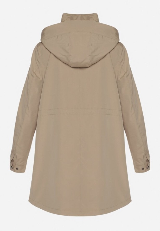 Ciemnobeżowa Kurtka Parka ze Sznurkiem w Talii i Kapturem Teridi