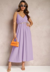 Fioletowa Długa Sukienka Kopertowa o Rozkloszowanym Kroju na Ramiączkach Kaemera