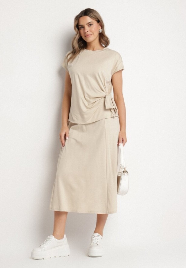 Beżowy Komplet z Wiskozą Spódnica i Bluzka z Wiązaniem Davissael