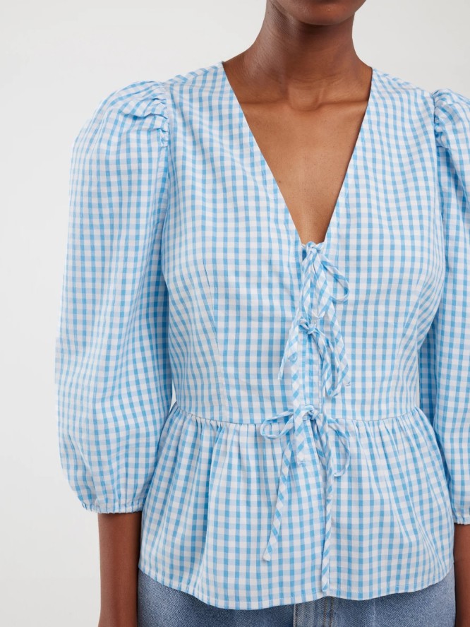 Bluzka damska z baskinką w drobną kratkę niebieska Sori 401