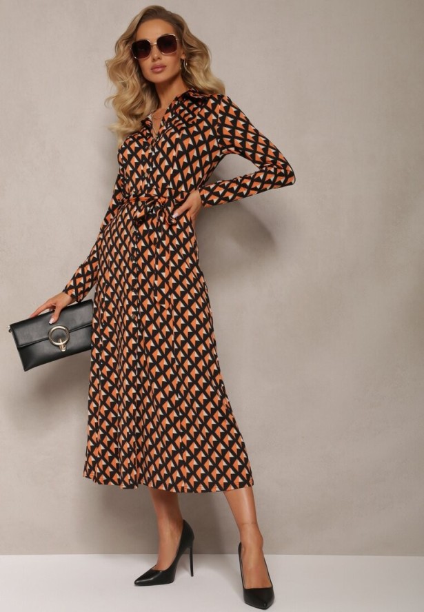 Pomarańczowo-Czarna Sukienka Koszulowa Rozkloszowana Burrus