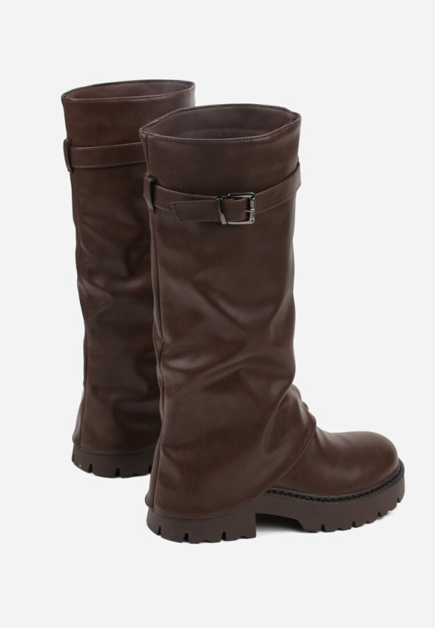 Ciemnobrązowe Kozaki VICES z Marszczoną Cholewką Imitującą Nogawkę ze Sprzączką Valles