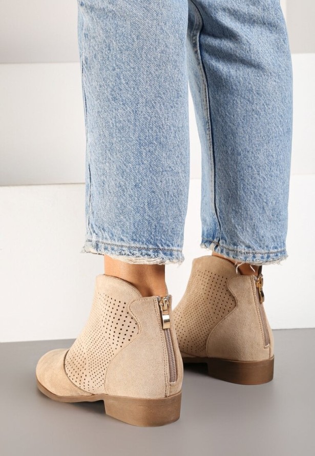 Beżowe Botki Ażurowe Vices z Imitacji Zamszu Selandria