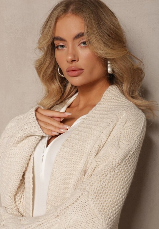 Jasnobeżowy Długi Kardigan z Ozdobnym Szerokim Splotem Havsana