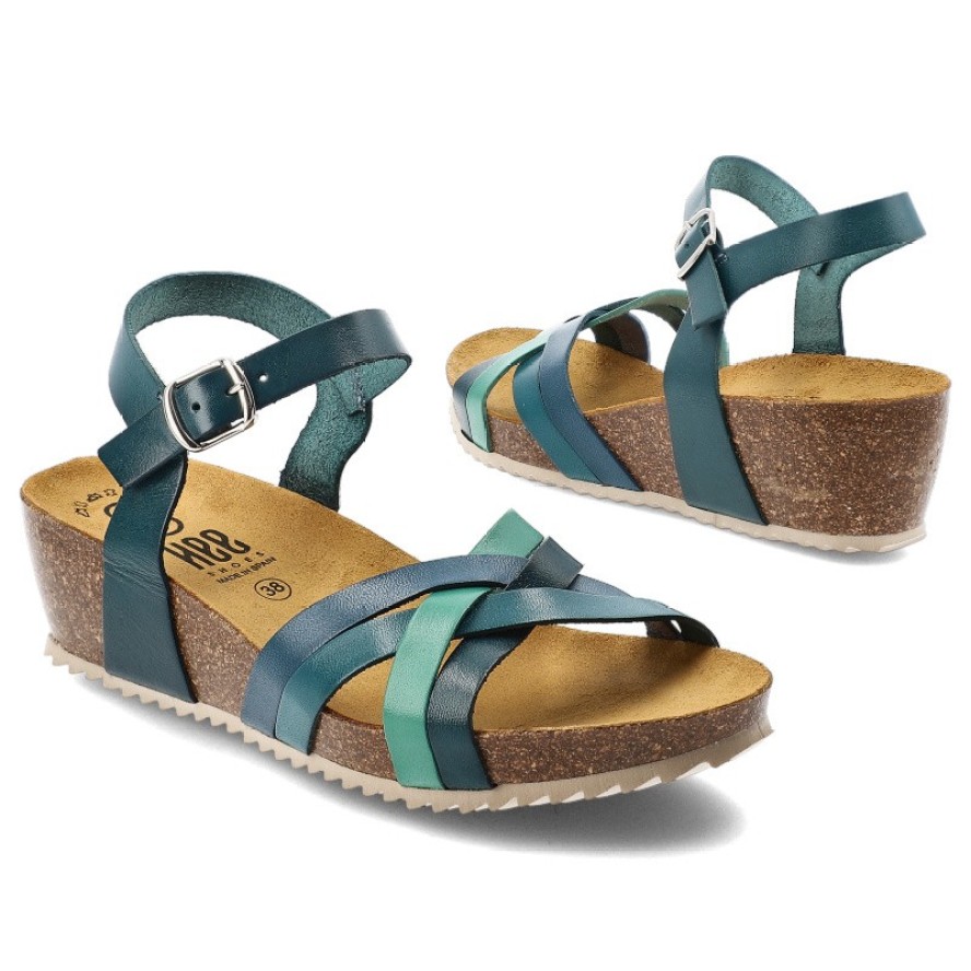 Sandały damskie HEE, na koturnie skórzane licowe na sprzączkę, niebieskie, 25001