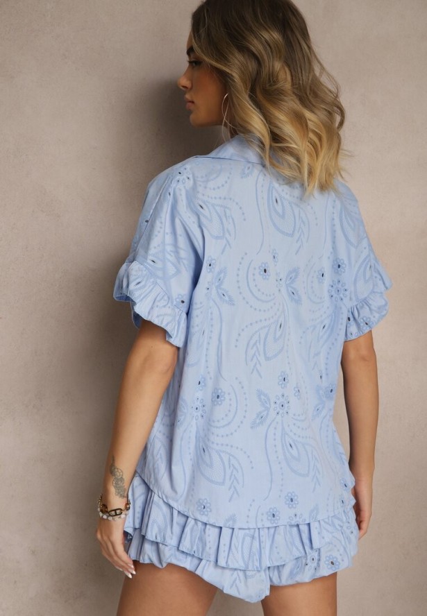 Niebieski Komplet z Bawełny Spódnico-Szorty i Wiązana Koszula Redea