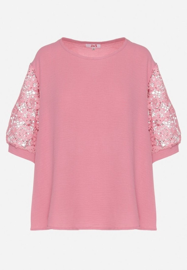 Różowa Bluzka z Koronkowymi Rękawami Jenavessa