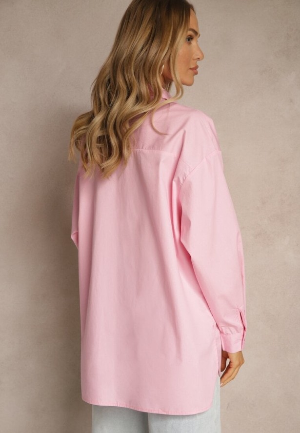 Różowa Koszula Oversize z Bawełny z Ażurowymi Zdobieniami z Motywem Kwiatowym Voesia