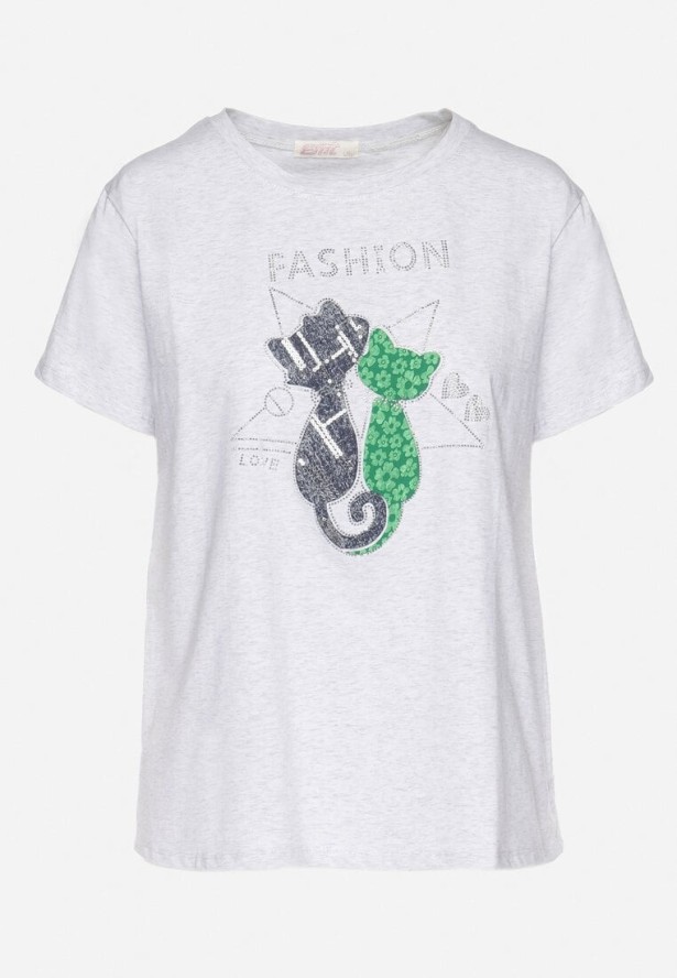 Jasnoszary T-shirt z Bawełny z Ozdobnym Napisem i Nadrukiem Olinella