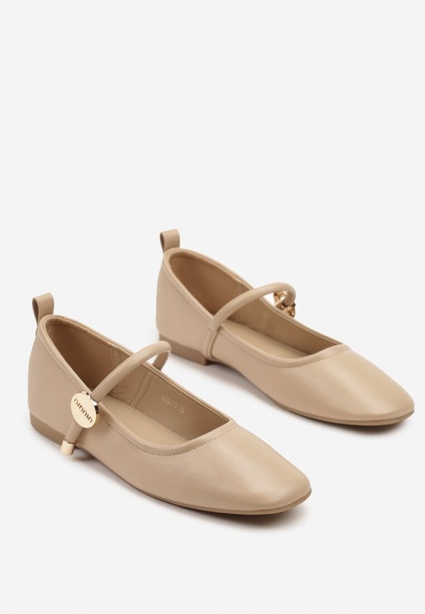 Ciemnobeżowe Balerinki z Kwadratowym Noskiem i Ozdobnym Paskiem Firmio