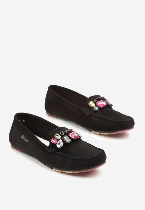 Czarne Mokasyny z Wkładką ze Skóry Naturalnej i Cyrkoniami Zimora