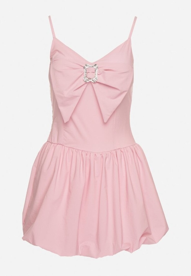 Różowa Sukienka Bombka na Cienkich Ramiączkach z Kokardą i Cyrkoniami Paliandria