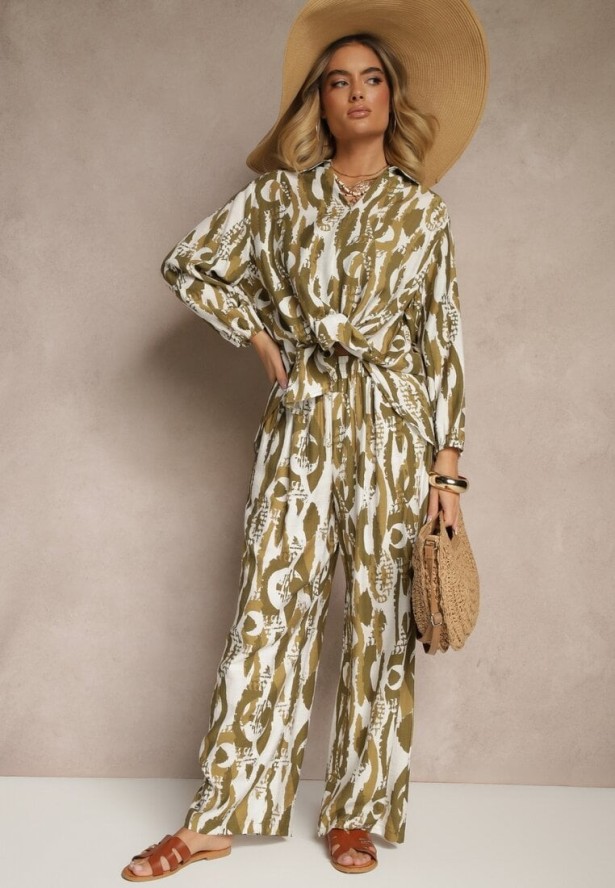 Zielony Komplet z Wiskozą Bluzka o Koszulowym Kroju i Szerokie Spodnie Sariliana