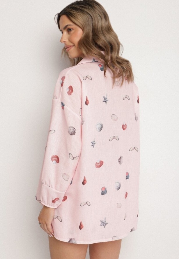 Różowy Komplet z Wiskozą Koszula i Szorty z Motywem Morskim Reivienne