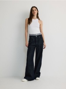 Jeansy wide leg z ozdobną wstawką - granatowy