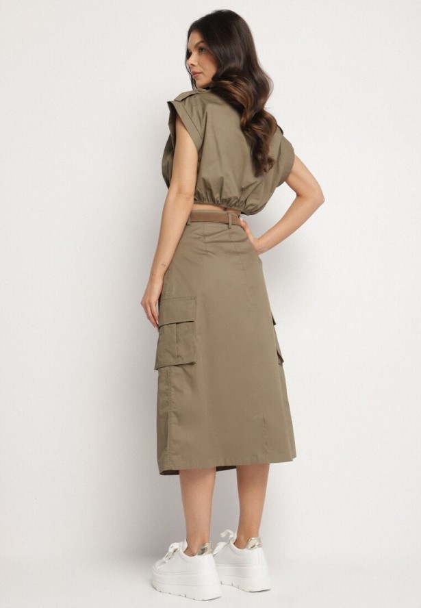 Ciemnozielony Komplet Utility z Krótką Koszulą Bez Rękawów i Spónicą z Kieszeniami Cargo Kelpa