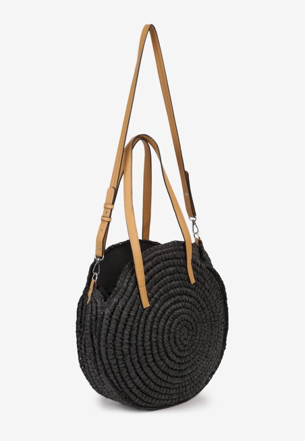 Czarna Pleciona Okrągła Torebka Shopperka z Długimi Rączkami i Paskiem Acelema