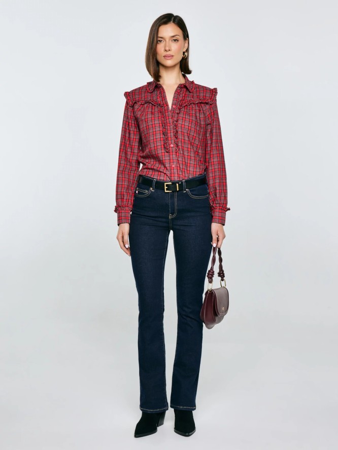 Koszula damska w kratę z ozdobnymi falbankami czerwona Frilo 000