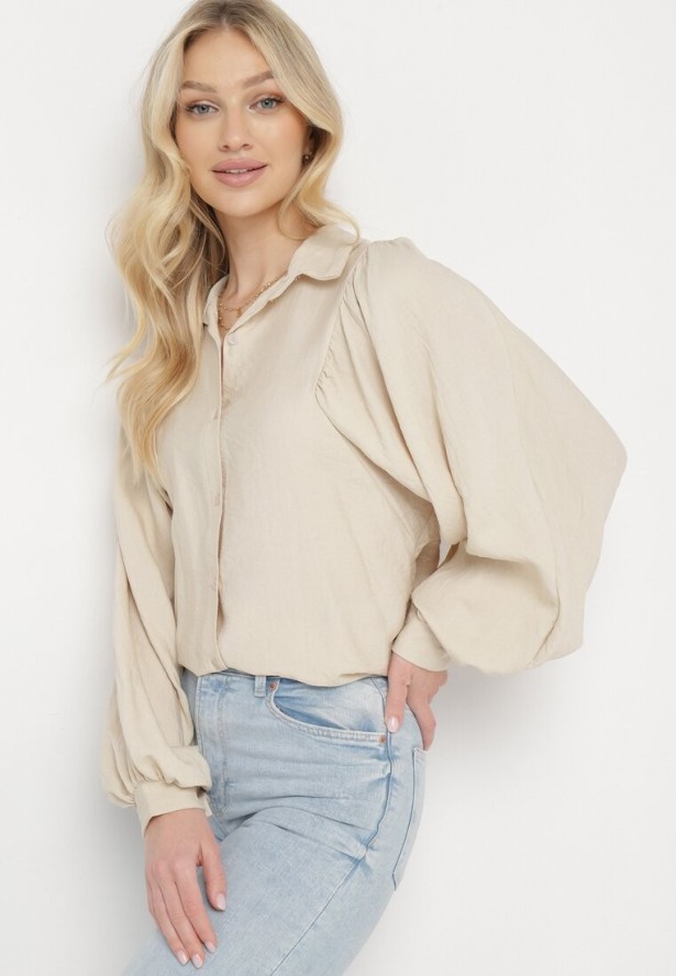 Jasnobeżowa Koszula z Rękawami typu Nietoperz i Guzikami Syrai