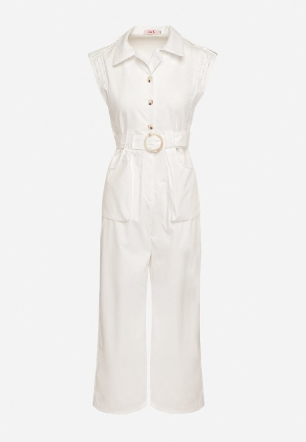 Biały Taliowany Kombinezon z Guzikami i Cyrkoniami Lumalise