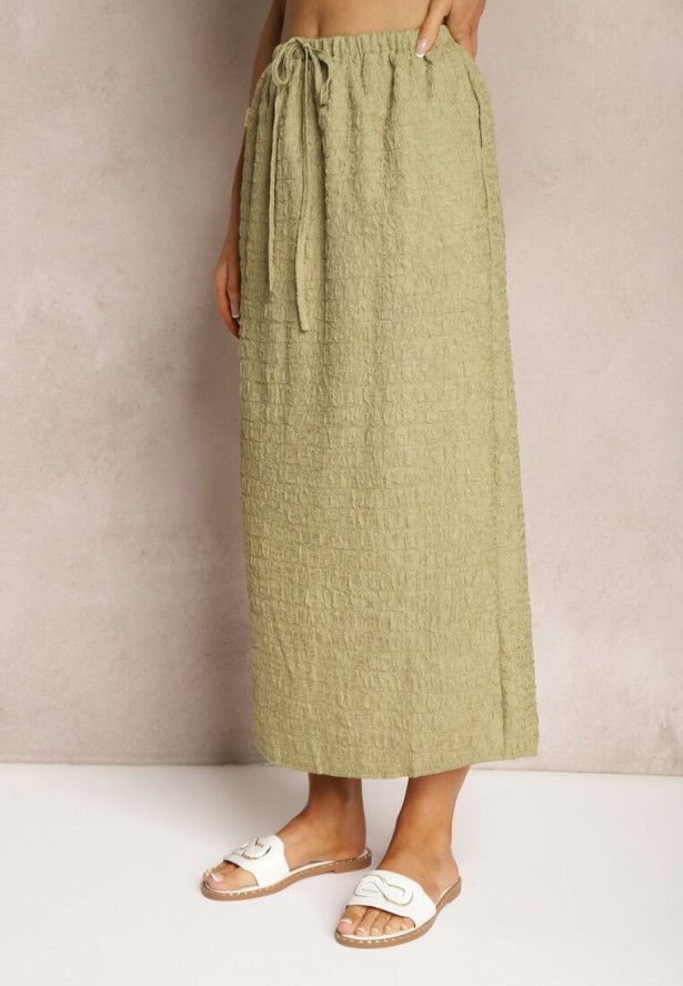 Zielona Spódnica Maxi z Rozcięciem i Gumką w Pasie Nollia