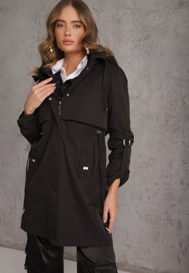 Czarna Kurtka Przejściowa Typu Parka z Odpinanym Kapturem Ozdobiona Sznurkami Fallaiah