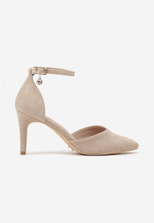 Ciemnobeżowe Szpilki Vices z Wkładką ze Skóry Naturalnej i Ozdobnym Paskiem Korori