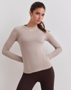 Damski top z długim rękawem ultramiękki, szybkoschnący Soft Basic beżowy