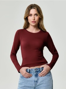Gładka bluzka z długimi rękawami - bordowy