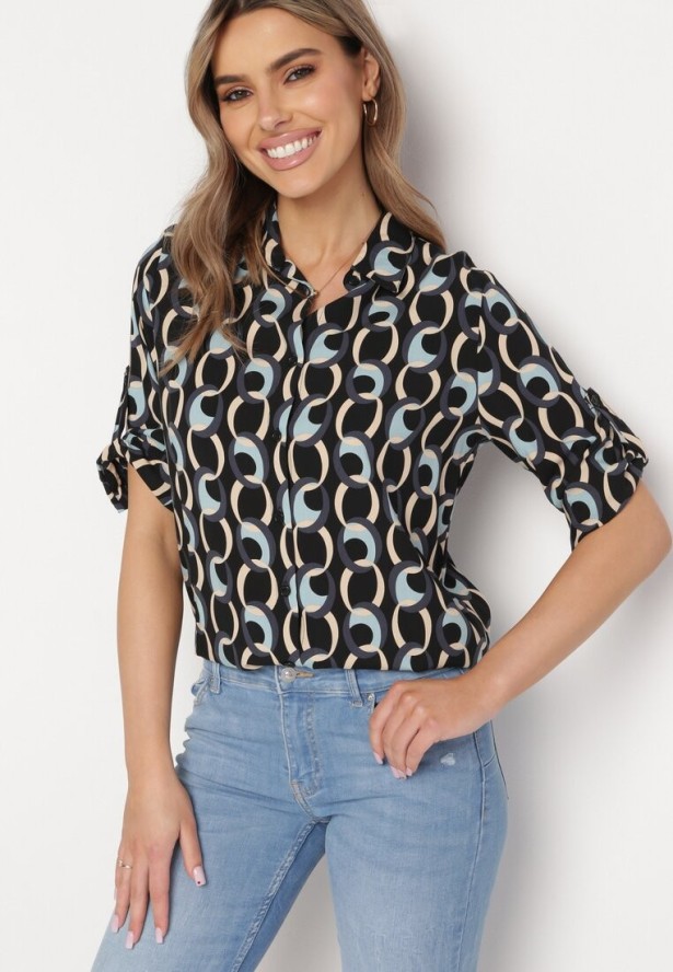 Czarno-Niebieska Koszula z Bawełny i Wiskozy z Rękawem 3/4 i Ozdobnym Wzorem Tinari