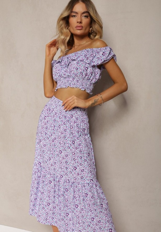 Fioletowy 2-częściowy Komplet Bawełniany z Topem i Długą Spódnicą w Kwiaty Agnda