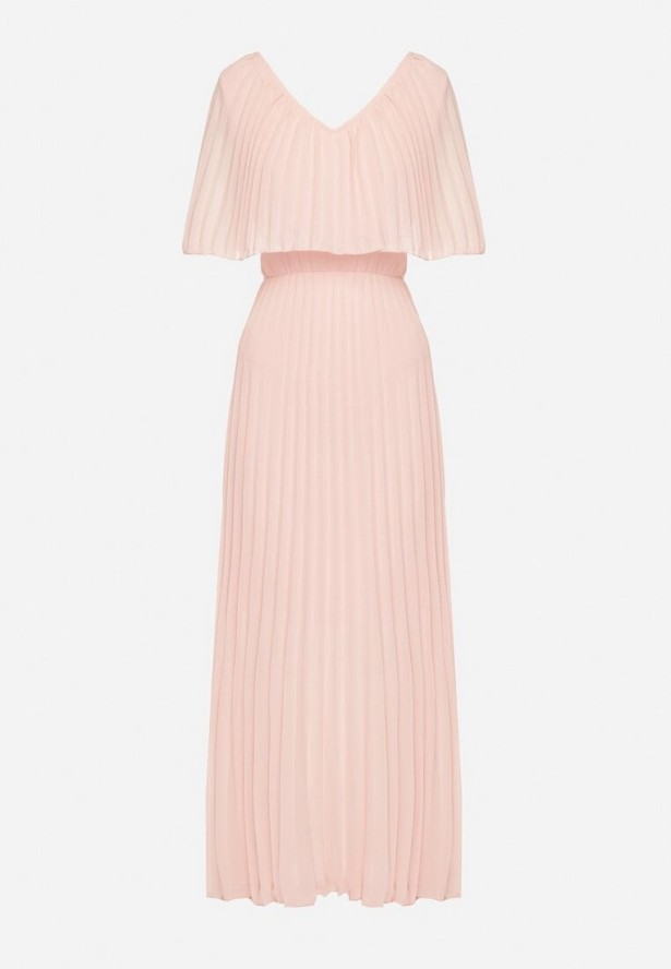 Jasnoróżowa Sukienka Plisowana z Szeroką Falbaną Przy Dekolcie Dinara