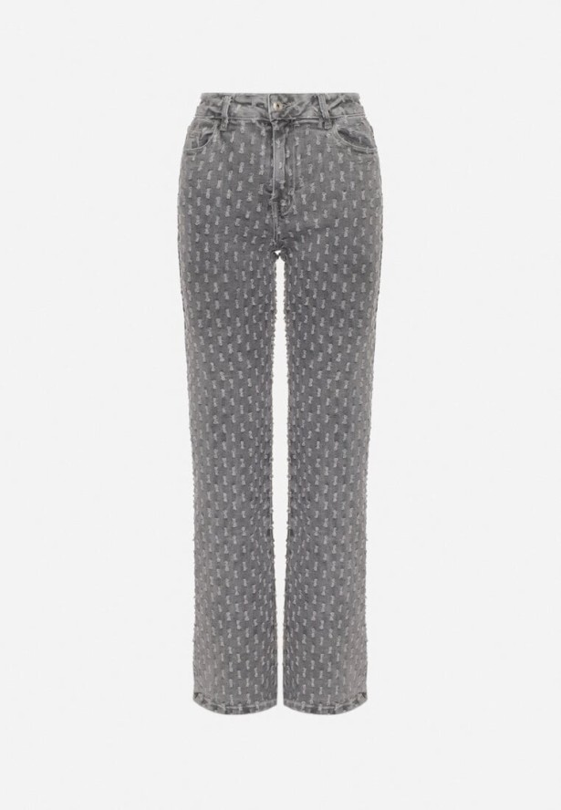 Szare Szerokie Jeansy z Wysokim Stanem Zdobione Tłoczonymi Przetarciami Ulindra