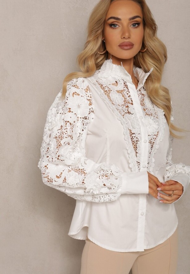 Biała Koszula Koronkowa Zapinana na Guziki Aneries
