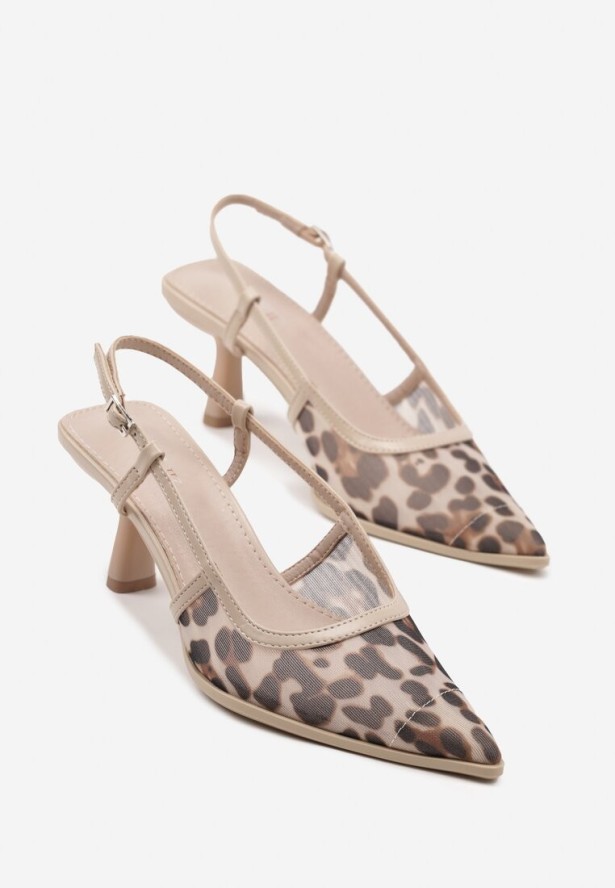 Panterkowe Sandały na Obcasie Kaczuszka ze Sprzączką i Siateczką Falelitia