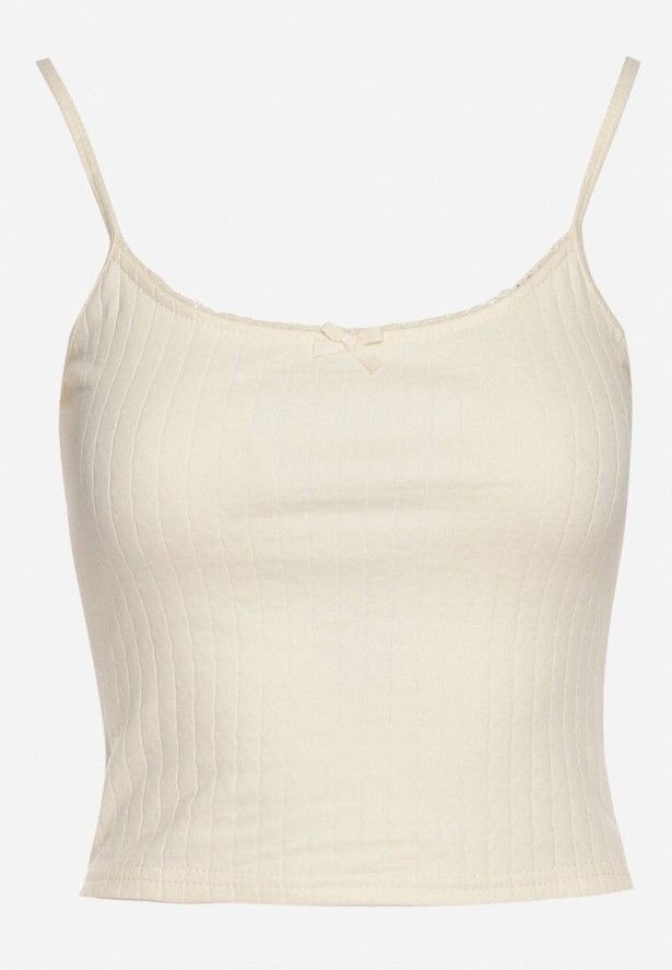 Beżowy Prążkowany Top z Wiskozą na Ramiączkach Zdobiony Kokardką Iffomare