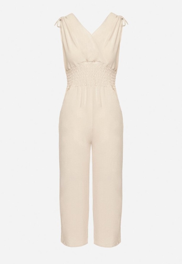 Beżowy Kopertowy Kombinezon z Bawełną i Marszczeniami Lunirisa