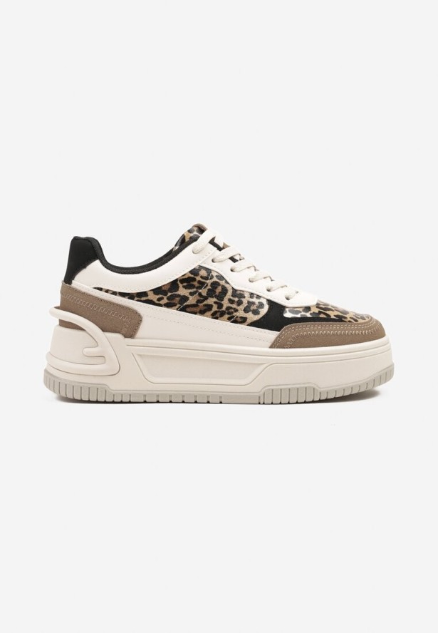 Beżowo-Brązowe Sneakersy na Tłoczonej Platformie Ozdobione Wzorem w Panterkę Deoranae