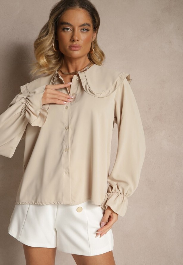 Beżowa Koszula Ozdobiona Falbankami i Kołnierzykiem Evirana